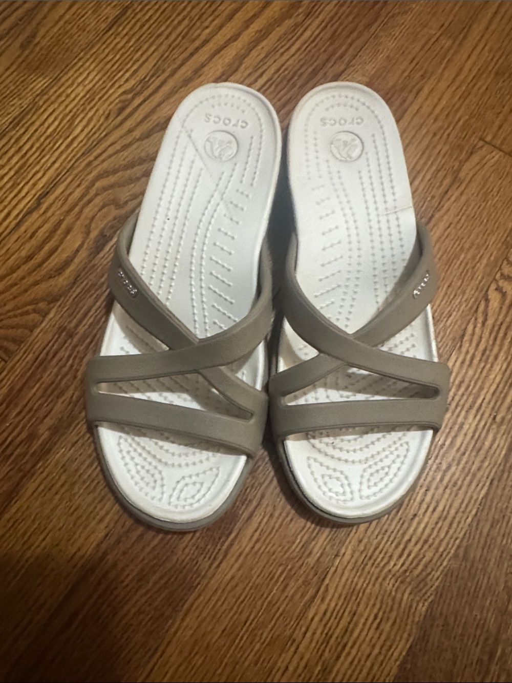 CROCS Women's Taupe Strappy Slide Sandals with White Footbed